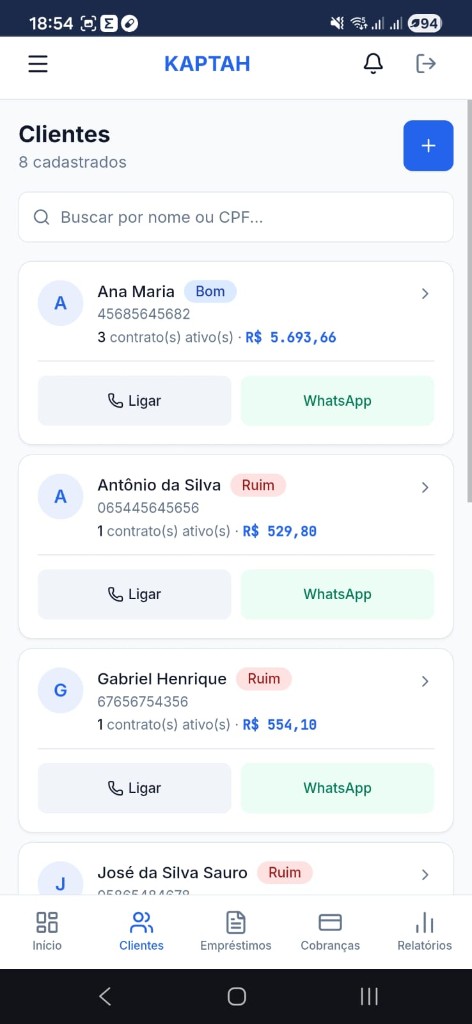 KAPTAH — Lista de clientes com status e contatos