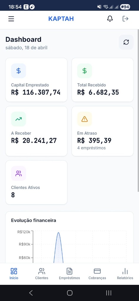 KAPTAH — Dashboard com KPIs e evolução financeira